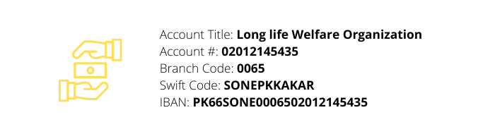 Account Title Long life Welfare Organization Account # 02012145435 Branch Code 0065 Swift Code SONEPKKAKAR IBAN PK66SONE0006502012145435
